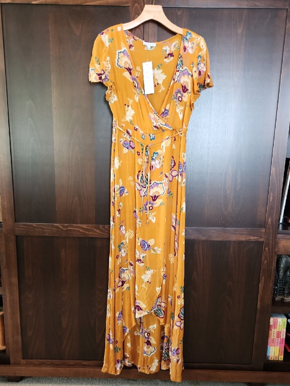 Patrons Of Peace Mustard Floral Wrap High Low Dress